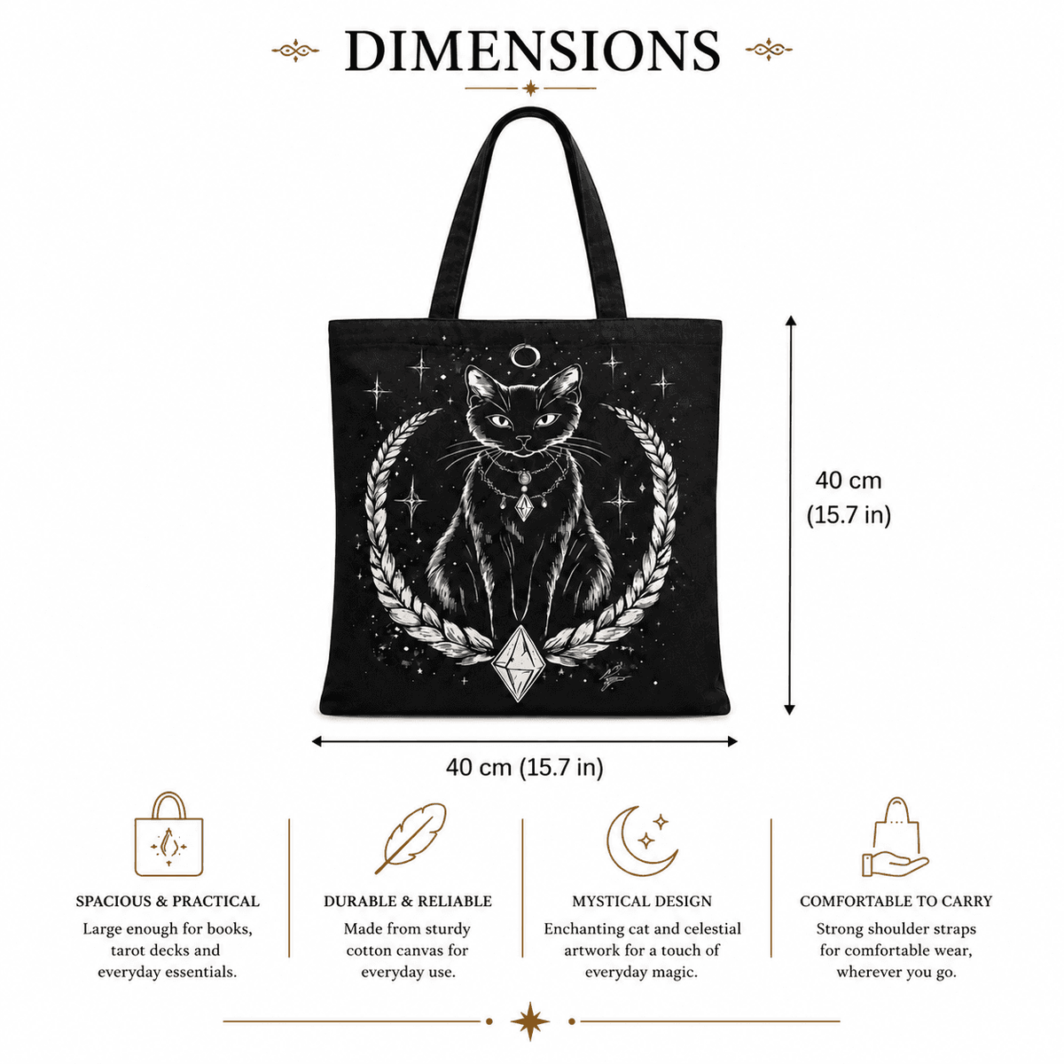 Mystic Black Cat Tote Bag with spacious design for books and tarot decks, featuring a mystical cat illustration