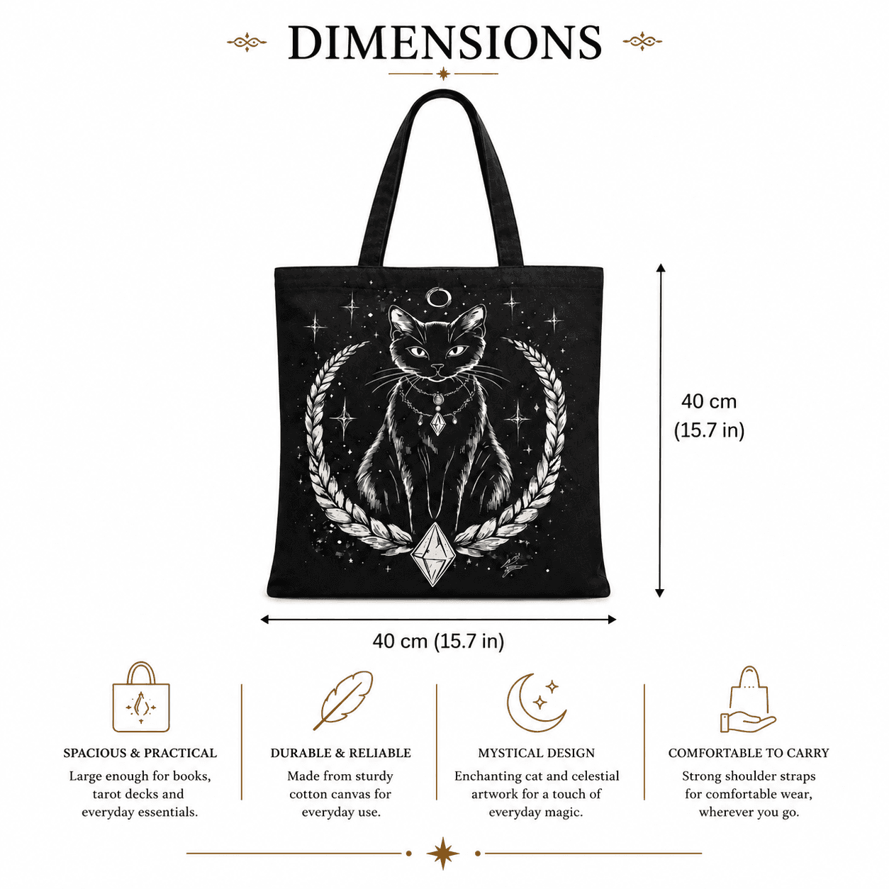 Mystic Black Cat Tote Bag with spacious design for books and tarot decks, featuring a mystical cat illustration