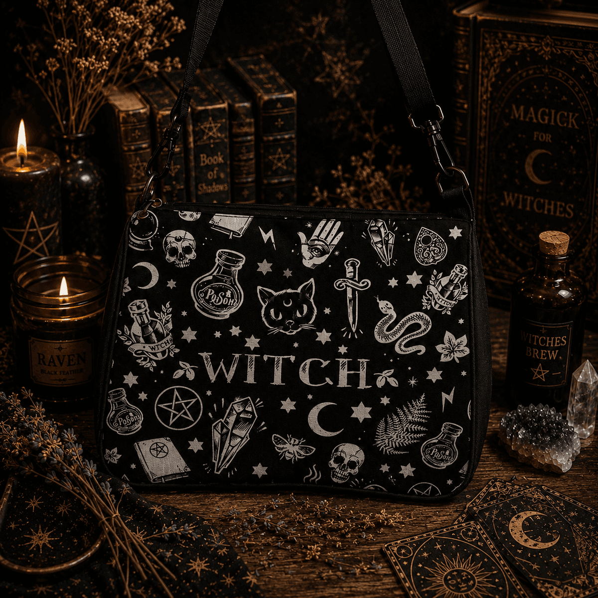 Black Crossbody Bag featuring witch-themed designs like potions and symbols for a mystical look