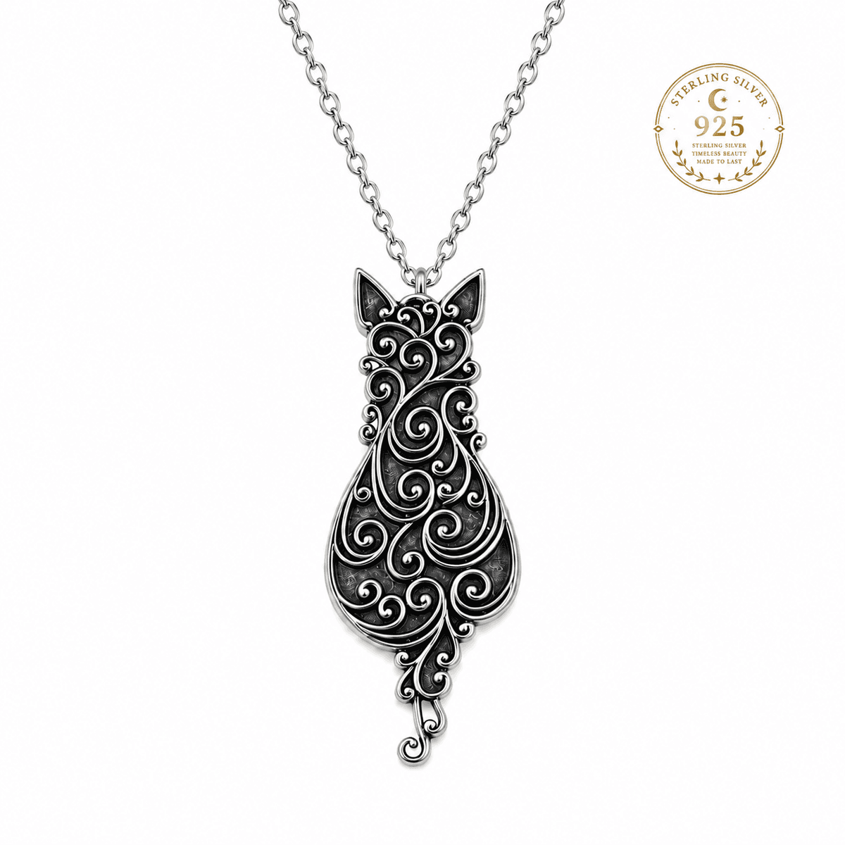Sterling silver cat necklace featuring an intricate swirling design, perfect for cat lovers