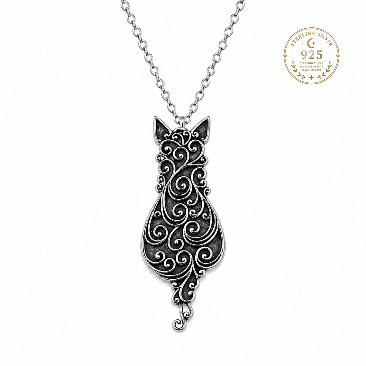 Sterling silver cat necklace featuring an intricate swirling design, perfect for cat lovers