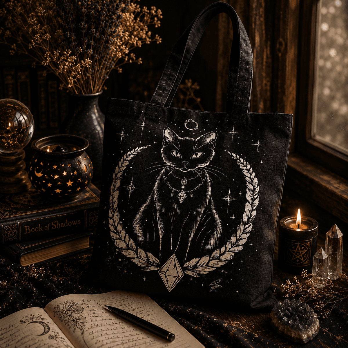Miss Valkyrie Black Tote Bag with Enchanting Cat Design and Celestial Elements
