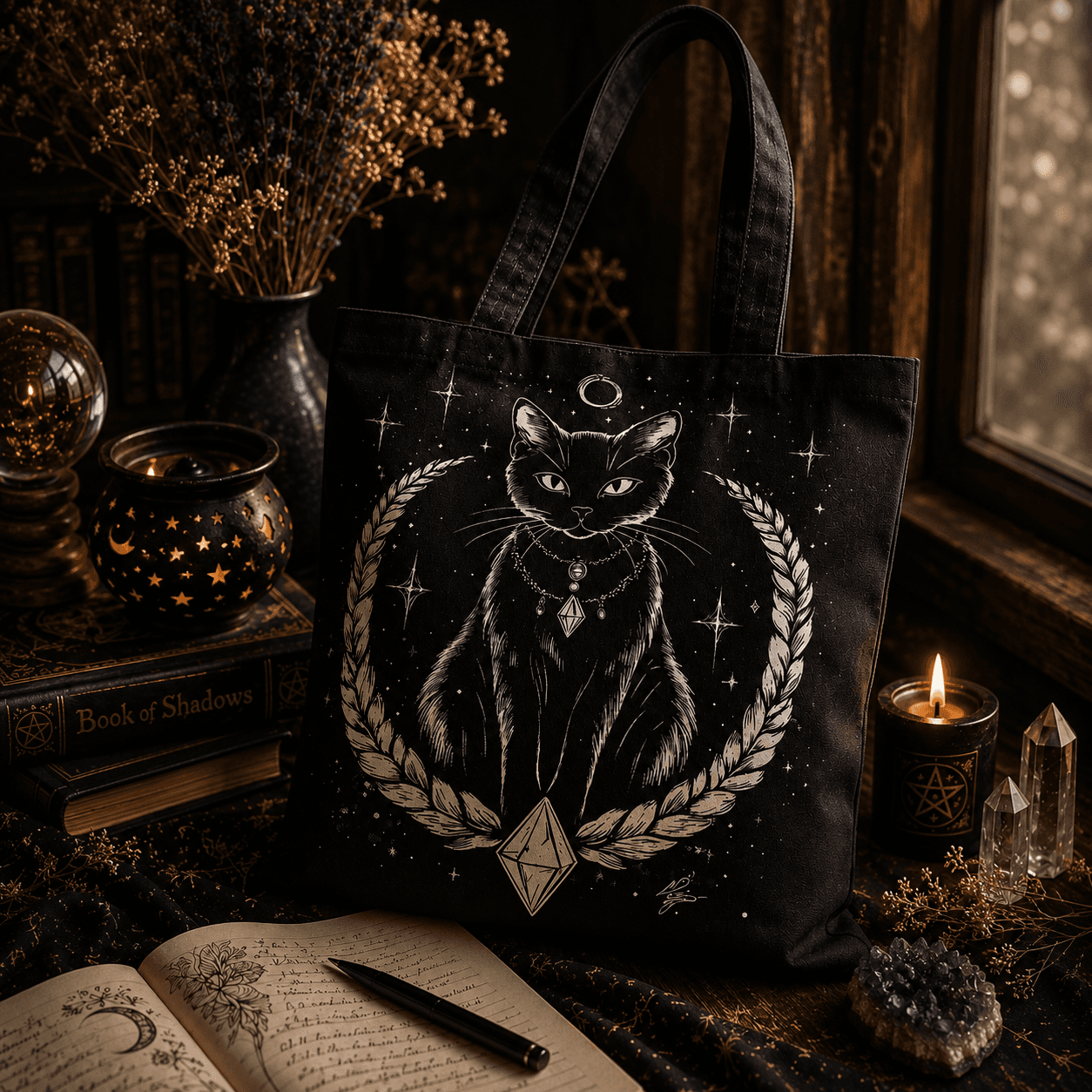 Miss Valkyrie Black Tote Bag with Enchanting Cat Design and Celestial Elements