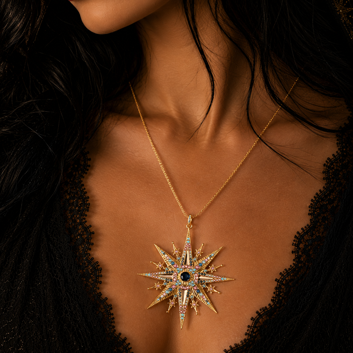 Elegant North Star necklace by Miss Valkyrie with colorful gemstone accents and a striking design