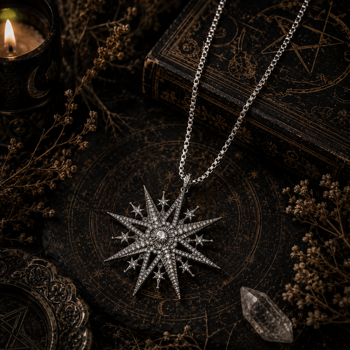 Silver North star necklace with intricate design on a dark background surrounded by dried flowers