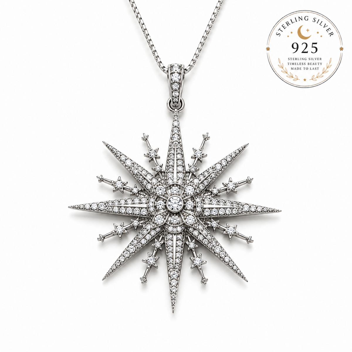 Miss Valkyrie North star necklace in sterling silver with sparkling diamond-like details