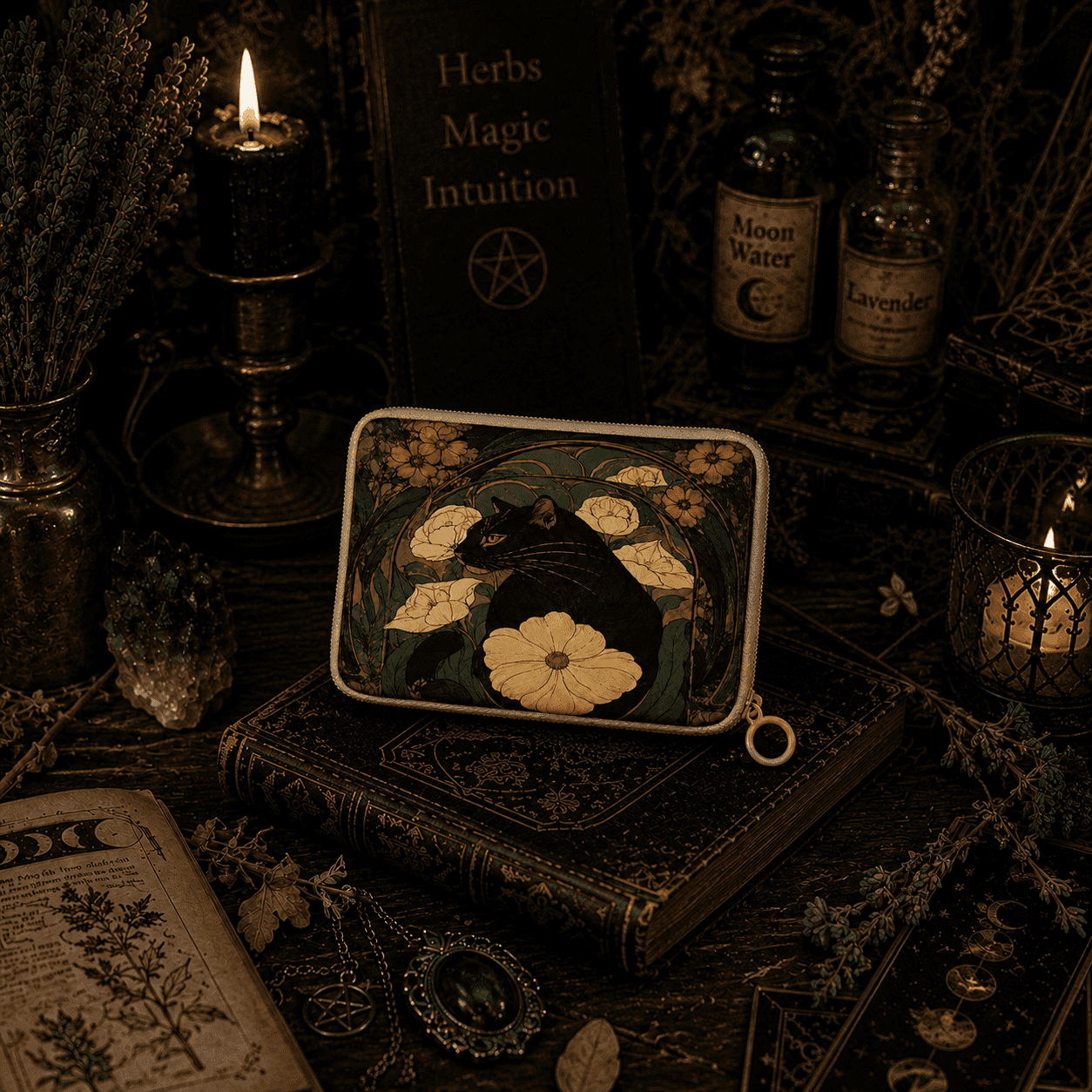 Miss Valkyrie Pouch featuring a black cat with floral designs on a mystical background