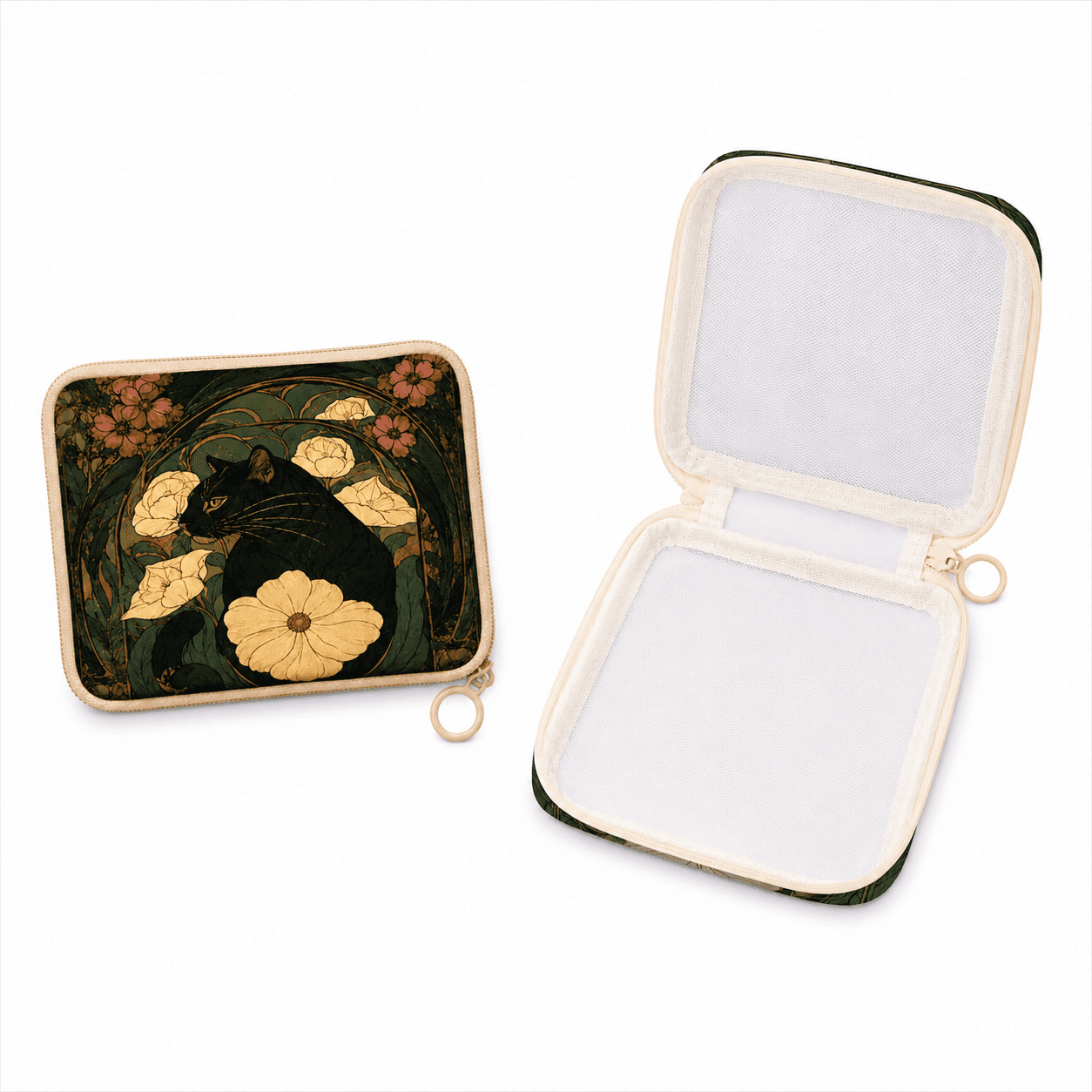 Miss Valkyrie Pouch featuring a cat design with floral accents and a zip closure