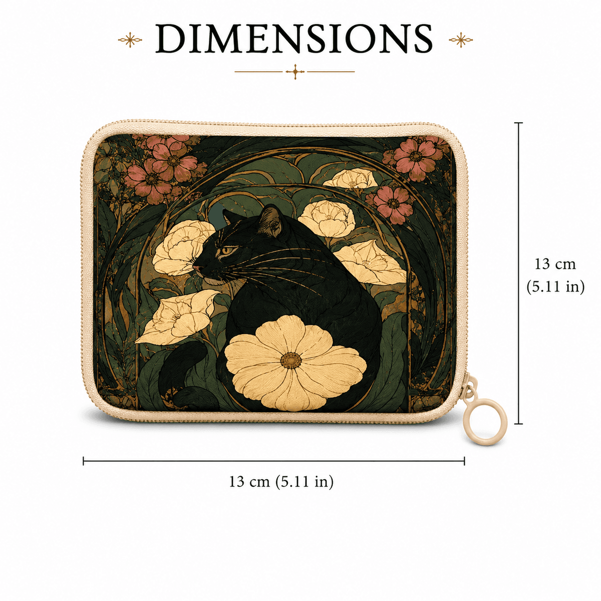 Miss Valkyrie Black Cat Illustrated Pouch featuring floral designs and elegant detailing