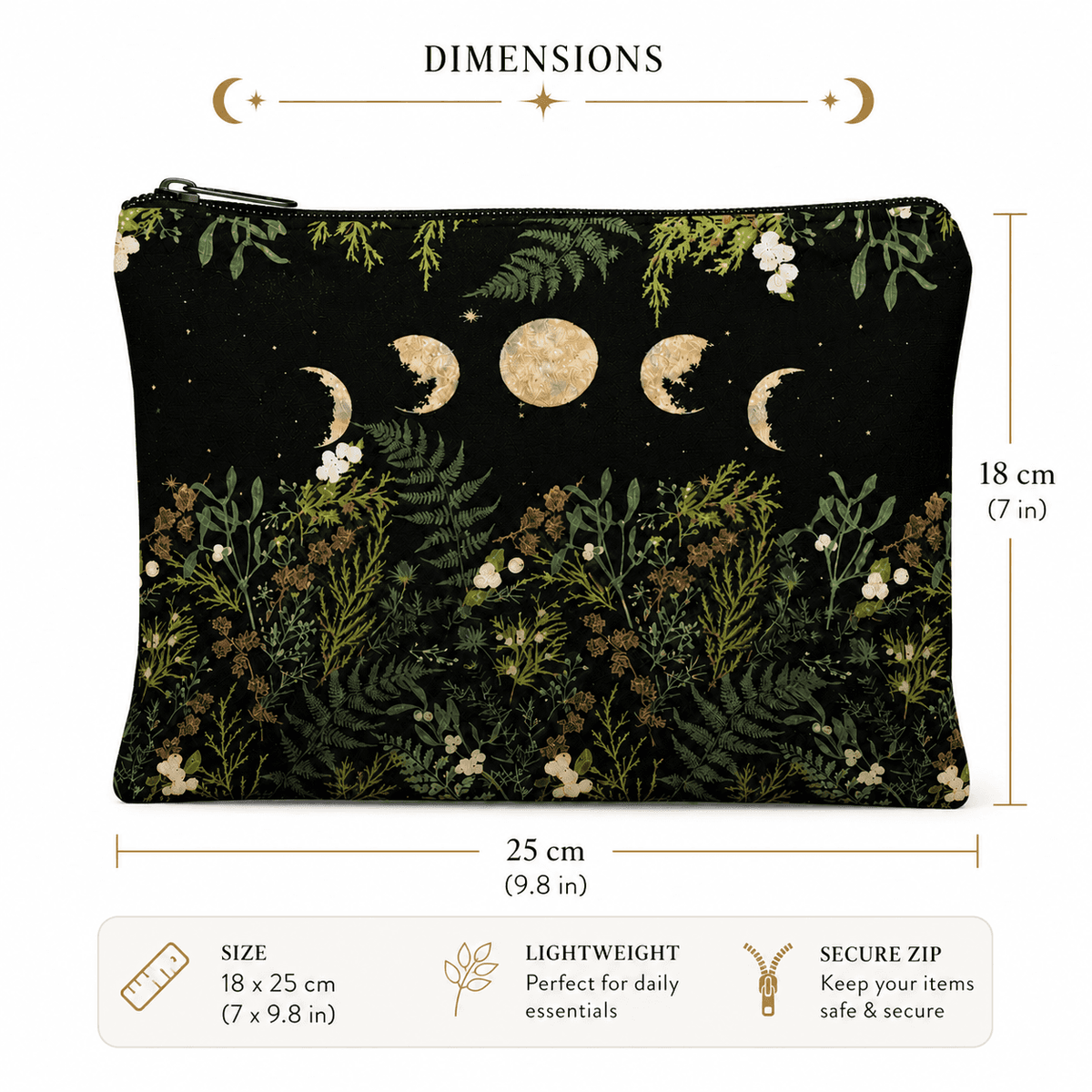 Moon Phases & Forest Zipper Pouch featuring a floral design with a secure zip closure