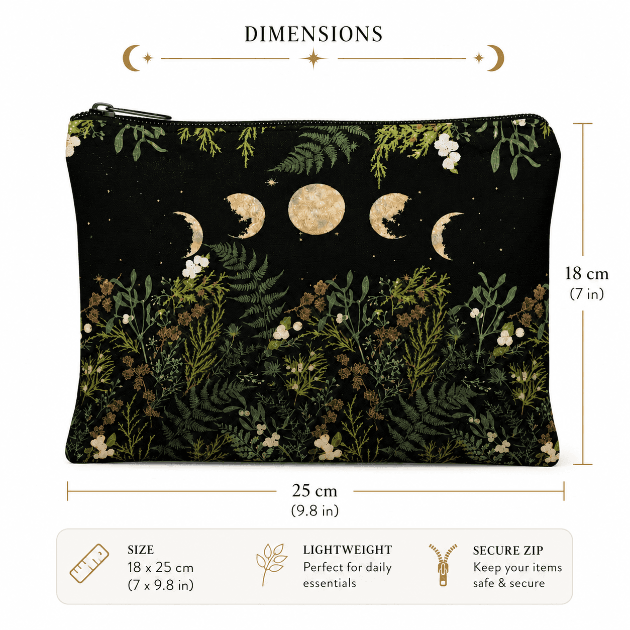 Moon Phases & Forest Zipper Pouch featuring a floral design with a secure zip closure