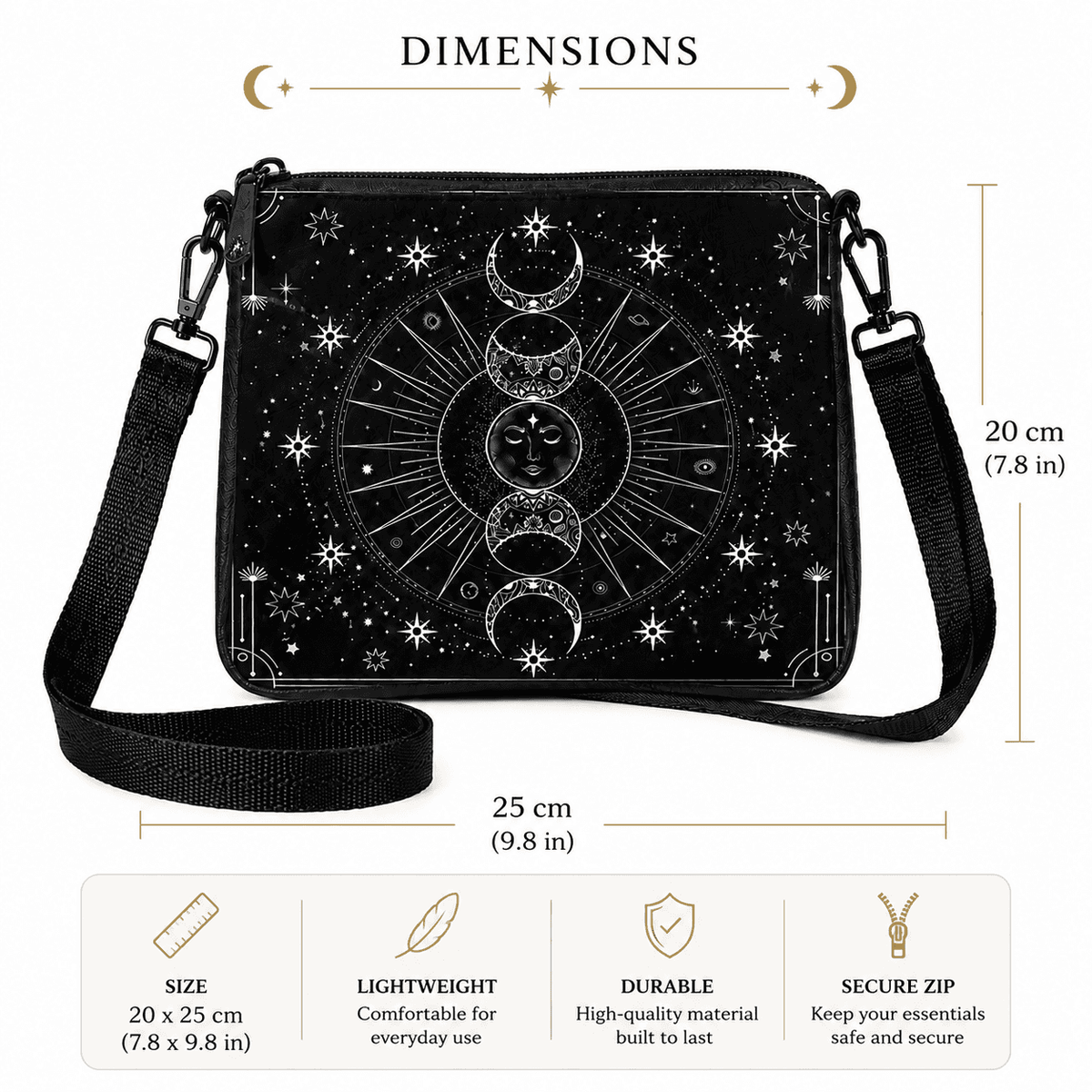 Miss Valkyrie Moon Phases Messenger Bag with Adjustable Strap and Secure Zip Closure
