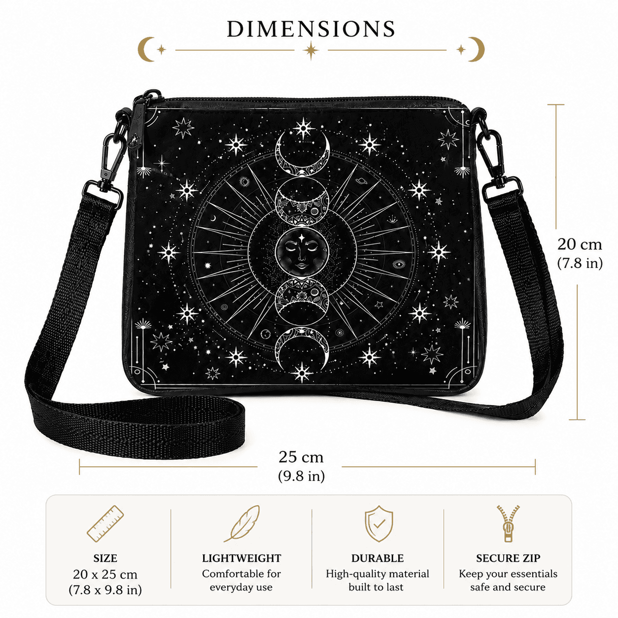 Miss Valkyrie Moon Phases Messenger Bag with Adjustable Strap and Secure Zip Closure