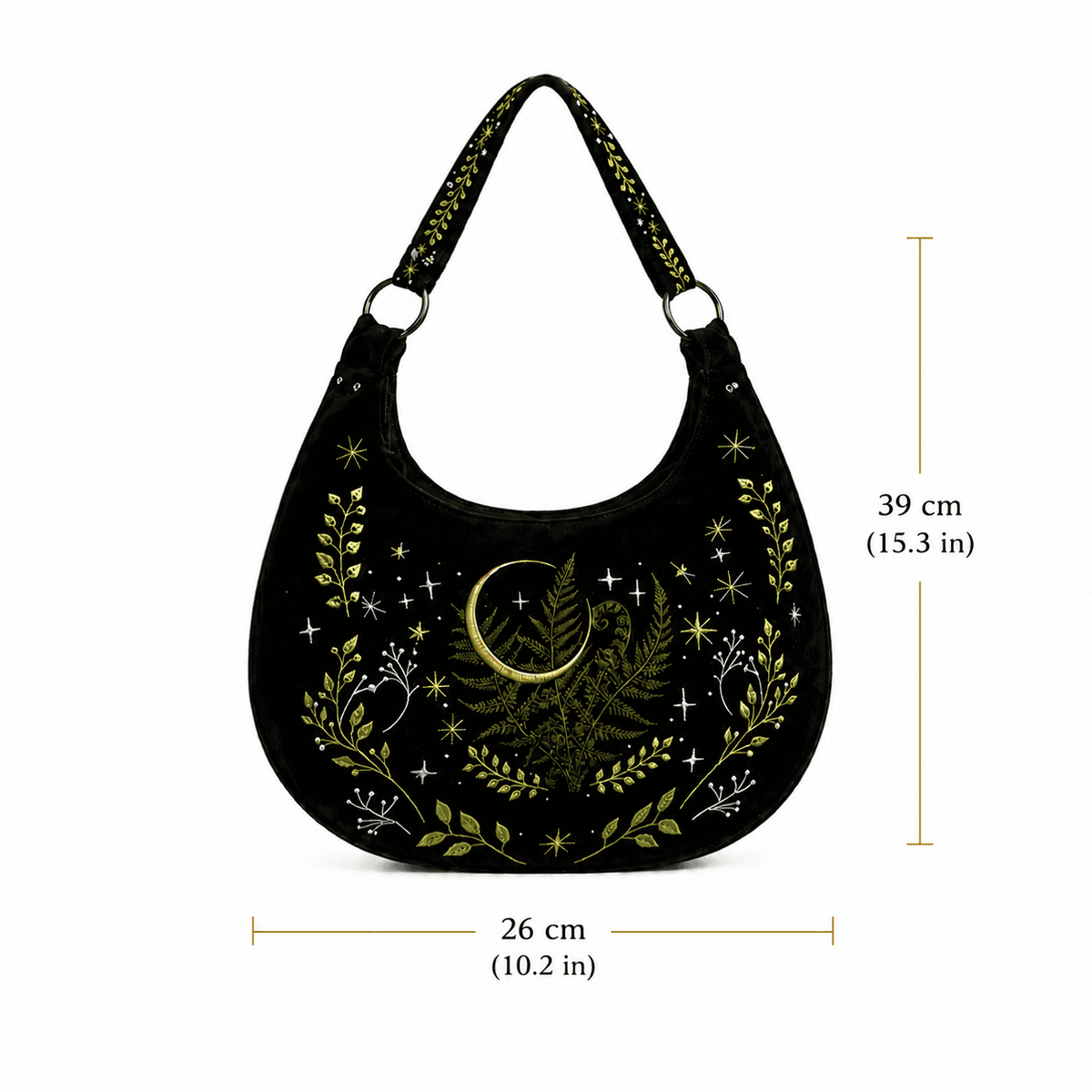 Miss Valkyrie Black Shoulder Bag with Floral Embroidery and Moon Design, Perfect for Everyday Use