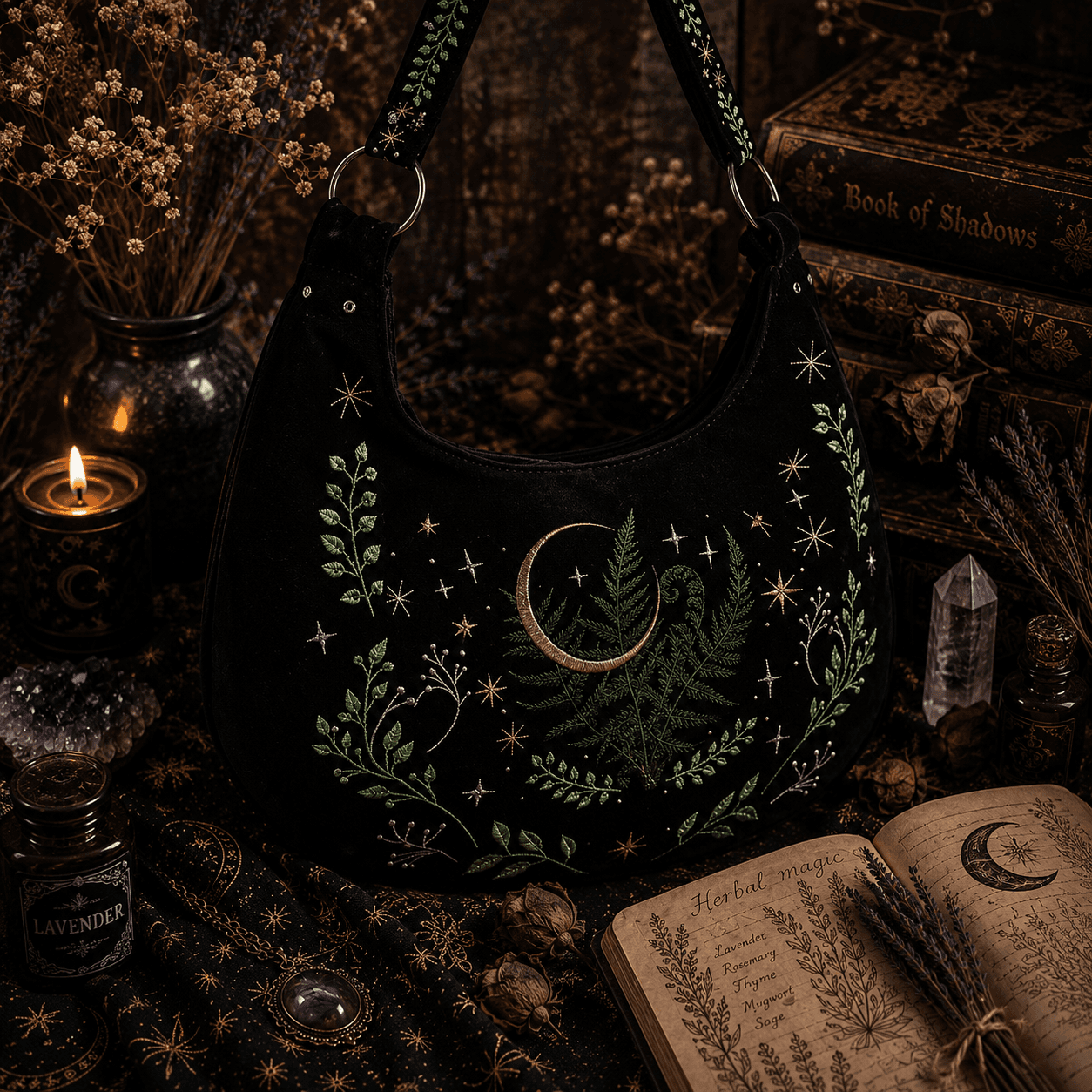 Miss Valkyrie Shoulder Bag with Celestial Embroidery and Fern Design for Stylish Accessories