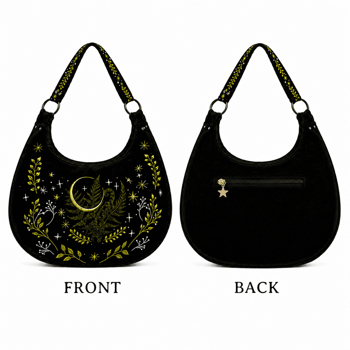 Miss Valkyrie Shoulder Bag featuring intricate green floral designs on a black canvas front and back