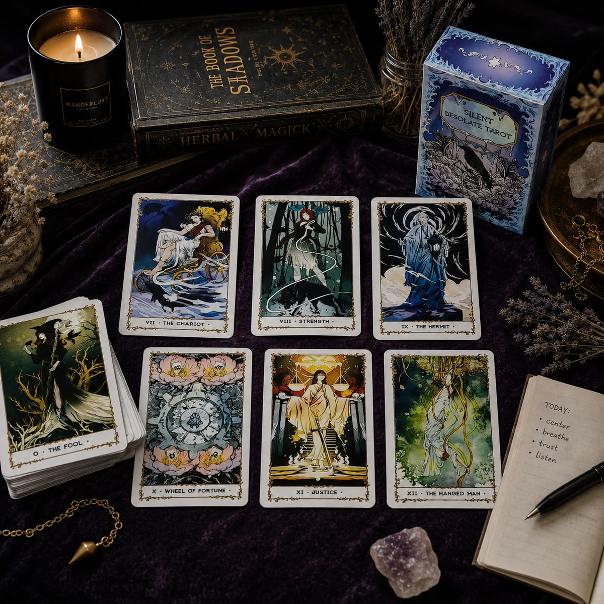Silent Desolate Tarot Deck with illustrated cards, crystal, and magical book on a dark fabric background