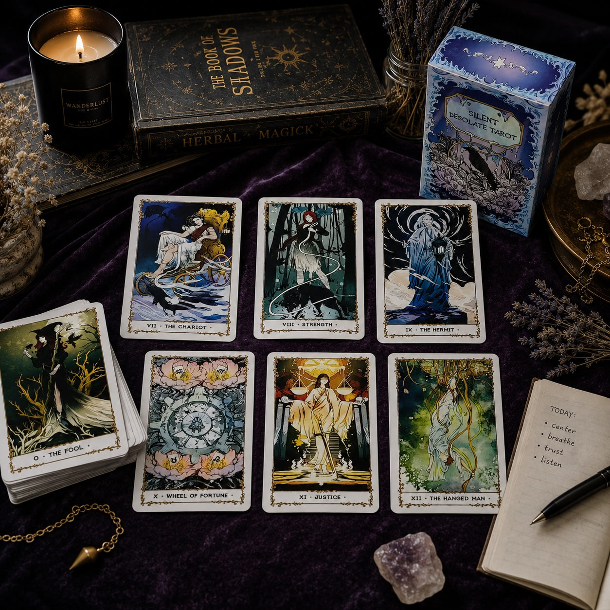 Silent Desolate Tarot Deck with illustrated cards, crystal, and magical book on a dark fabric background
