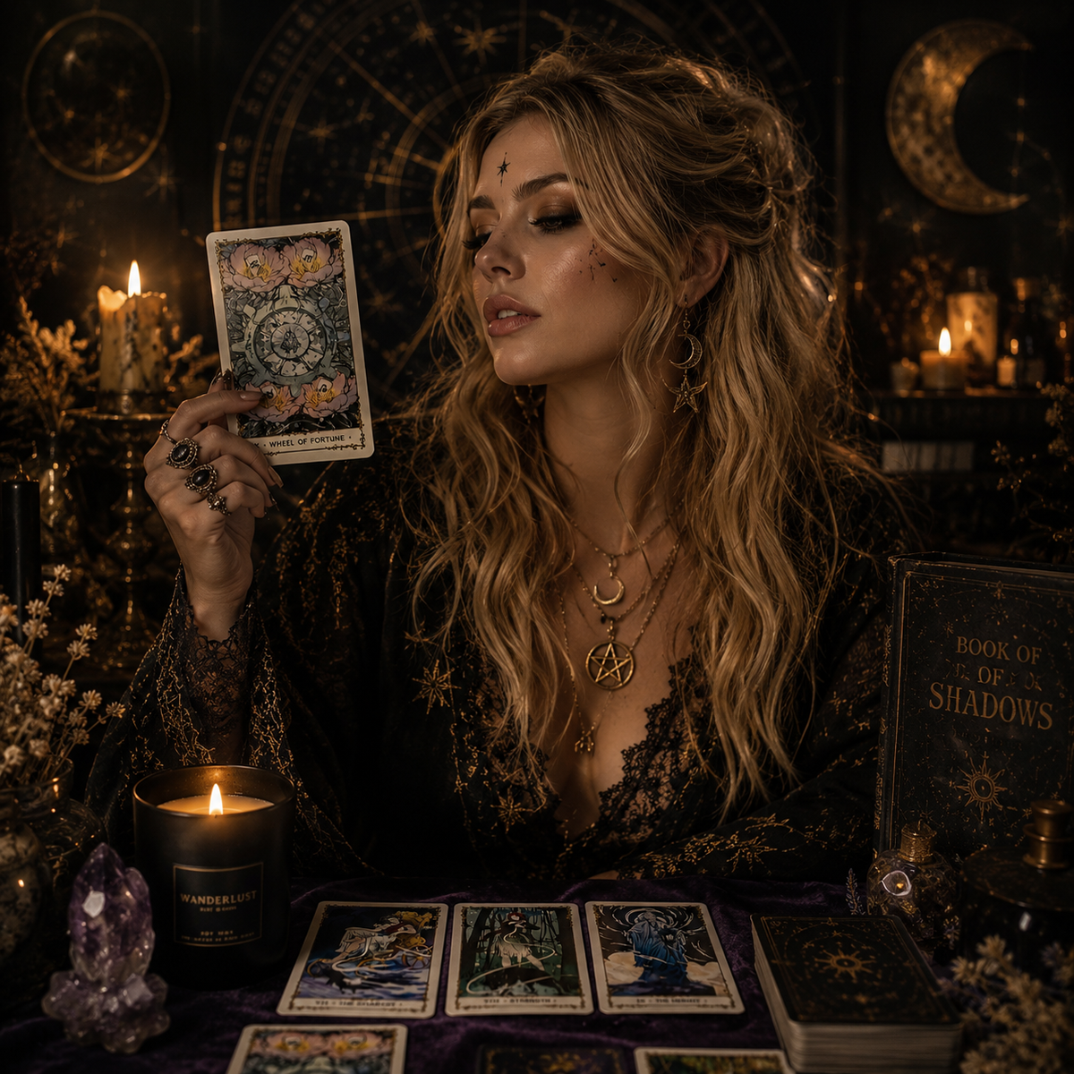 Silent Desolate Tarot Deck displayed with candles and crystals in a mystical setting