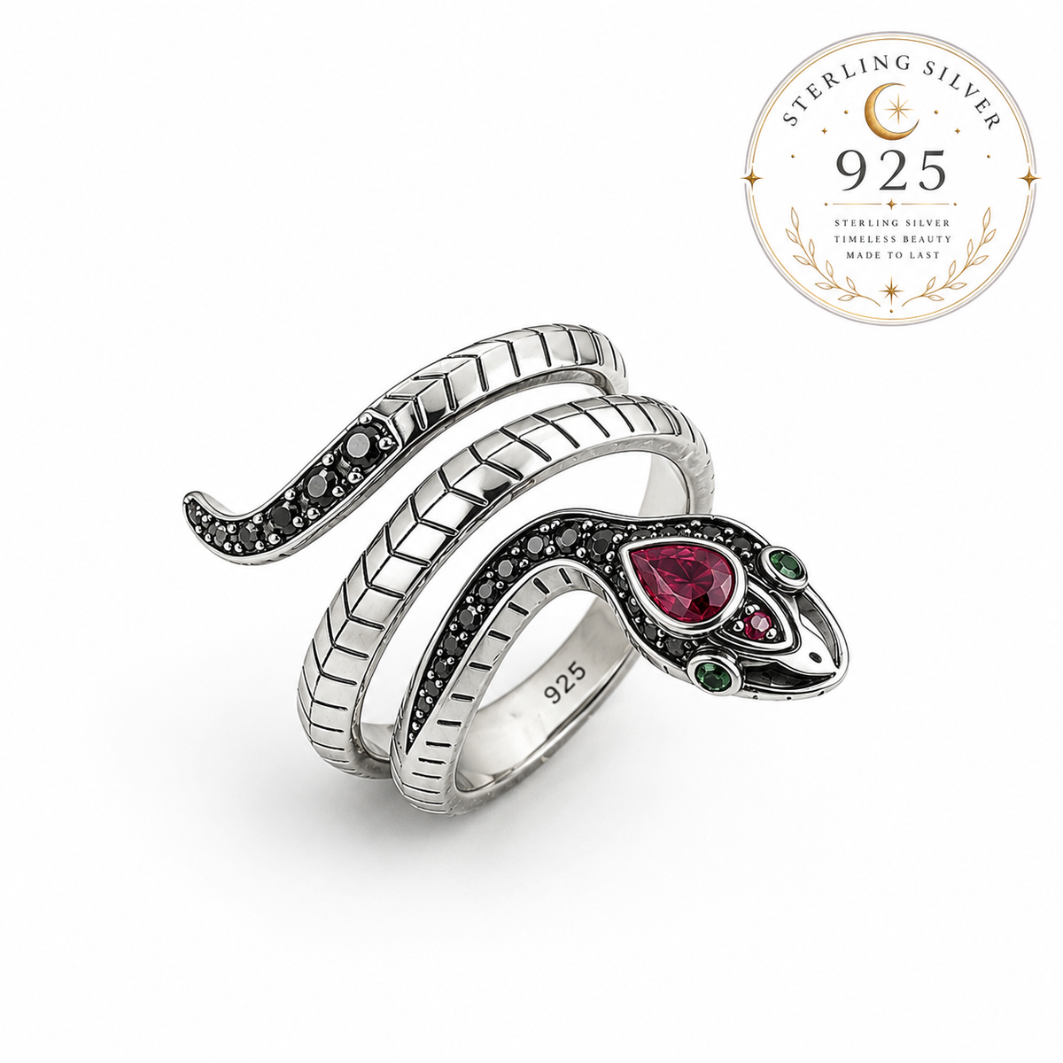 Miss Valkyrie Sterling Silver Snake Ring with Ruby and Emerald Accents for Unique Jewelry Lovers