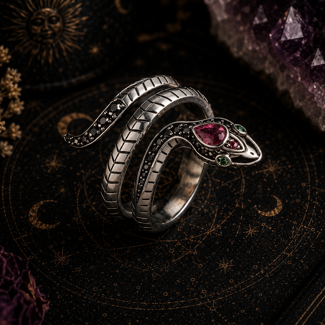 Miss Valkyrie snake ring with intricate design featuring gemstones and detailed scales