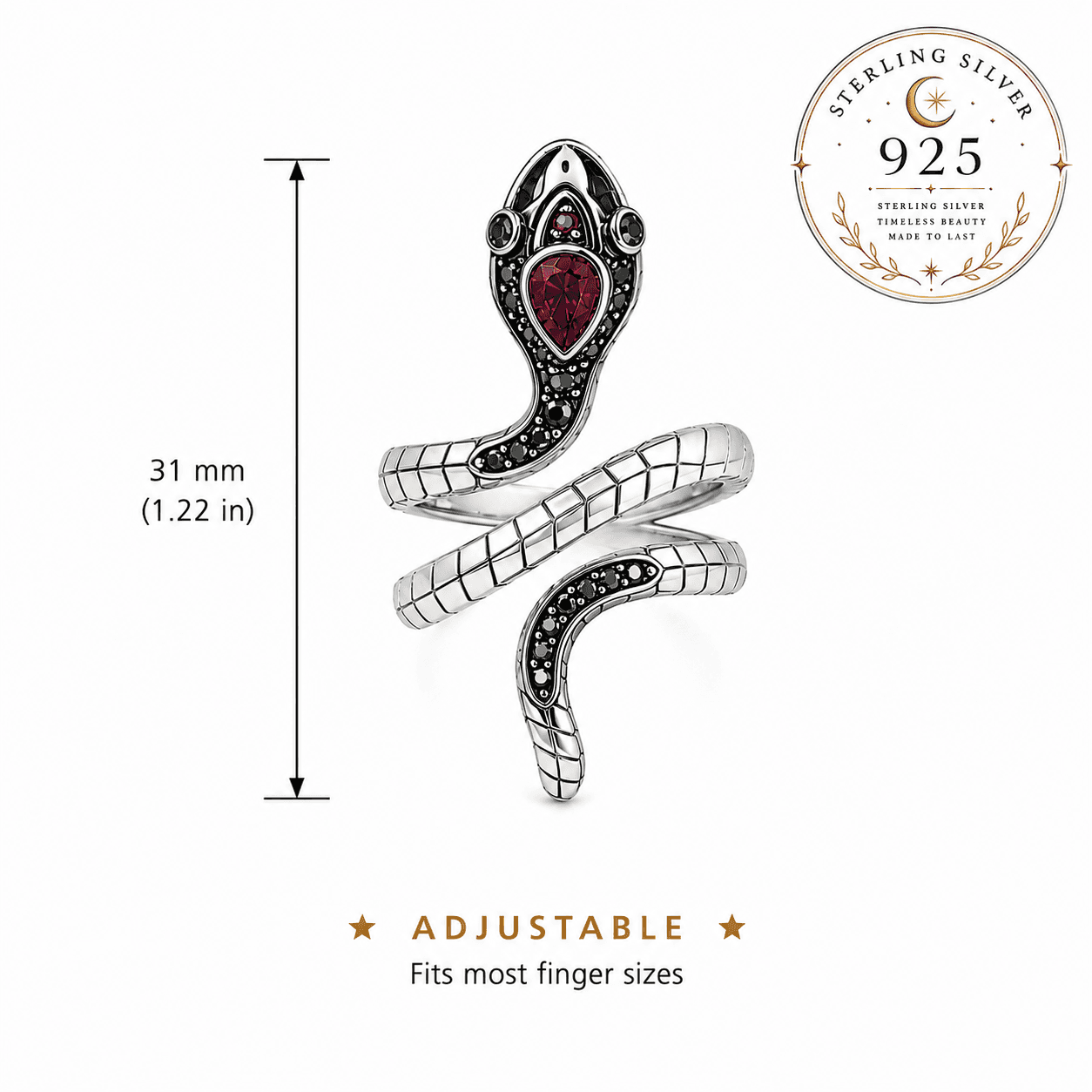 Sterling silver adjustable snake ring featuring ruby and emerald accents for a unique style
