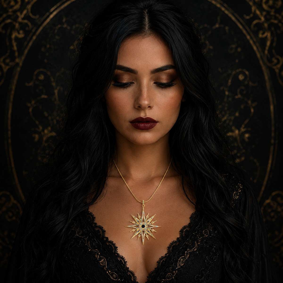 Elegant Miss Valkyrie star necklace featuring a stunning sunburst design in gold