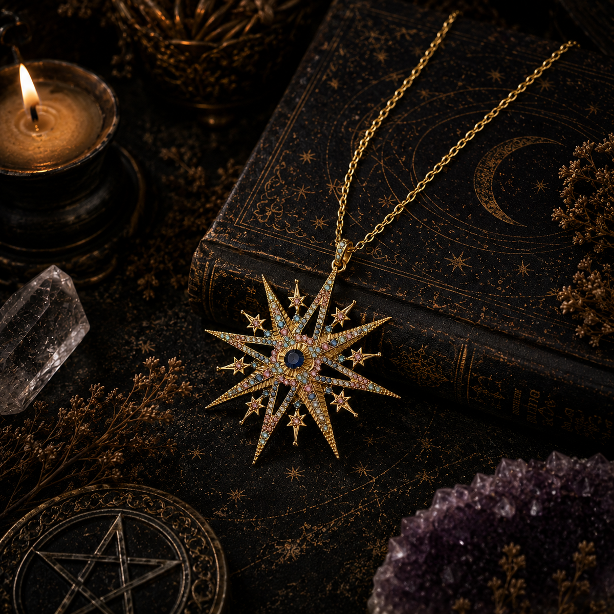 Miss Valkyrie Star necklace featuring a gold star pendant with opal accents on a delicate chain