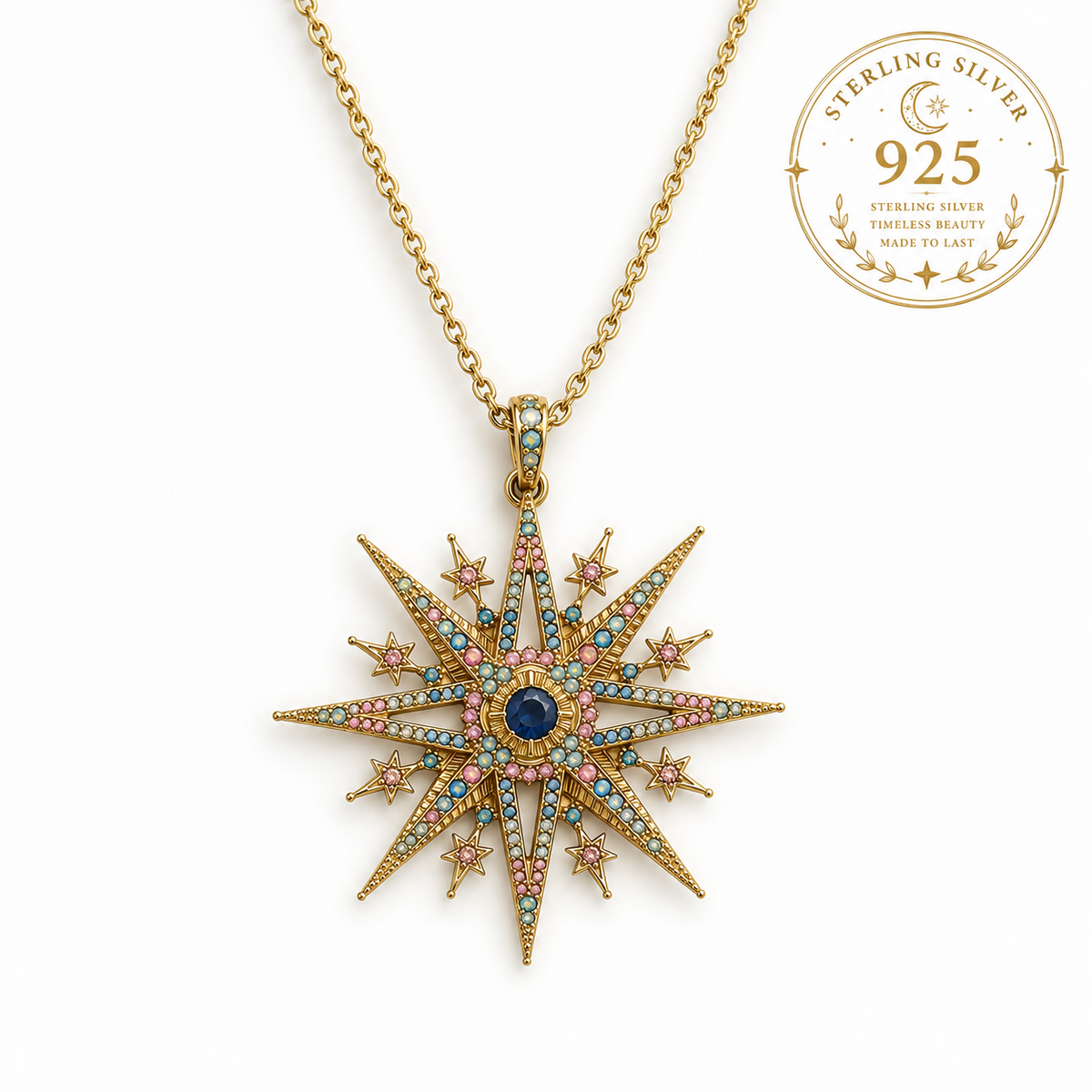Miss Valkyrie Star necklace in gold with colorful gemstones and a central blue gem