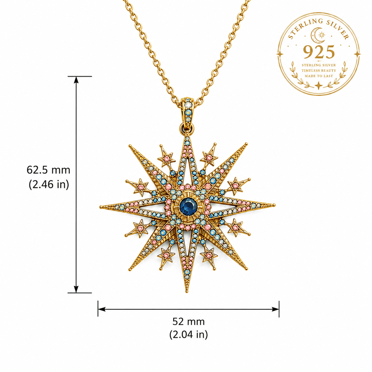 Miss Valkyrie Star necklace in sterling silver with colorful gemstone accents and a starburst design