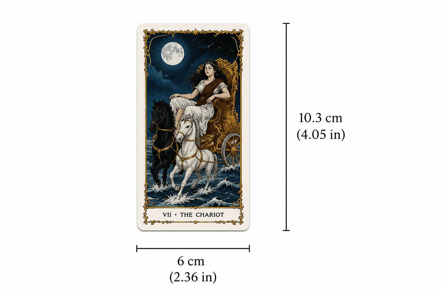 Silent Desolate Tarot Deck card featuring The Chariot illustration with dimensions 6 cm by 10.3 cm