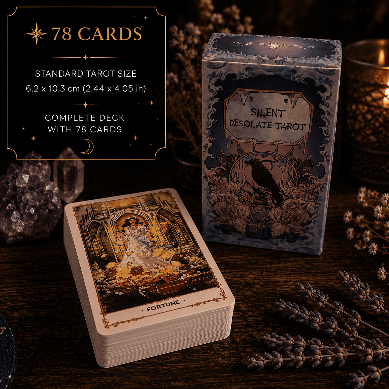 Miss Valkyrie Silent Desolate Tarot Deck with 78 cards featuring standard tarot size and mystical design