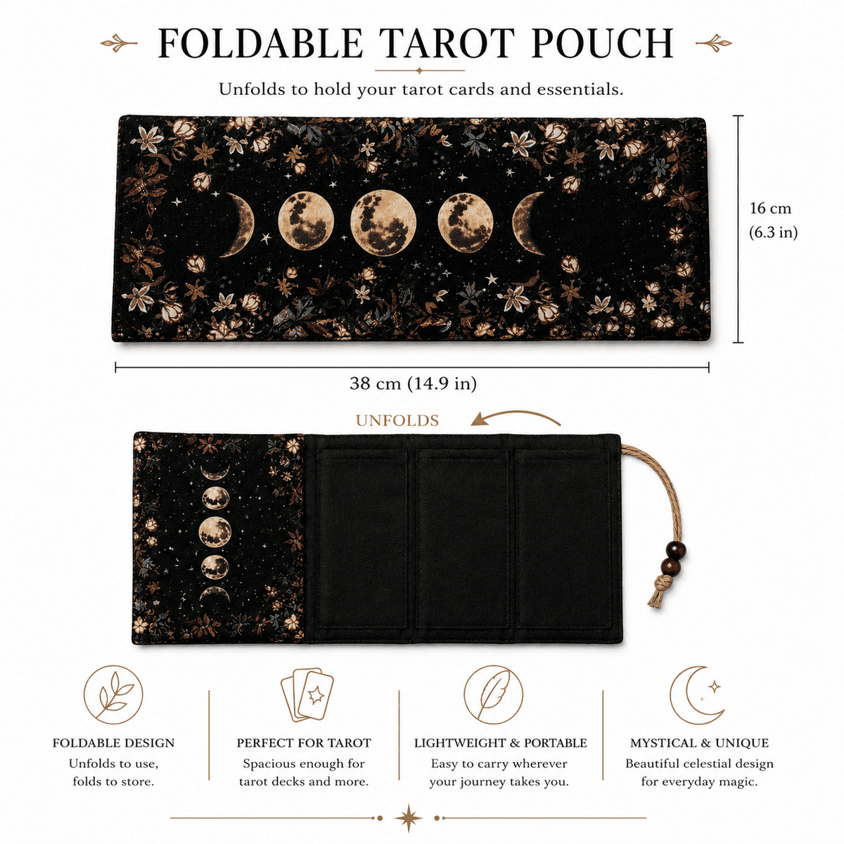 Foldable Miss Valkyrie Moon Phases Tarot Card Pouch with floral design for tarot cards and accessories