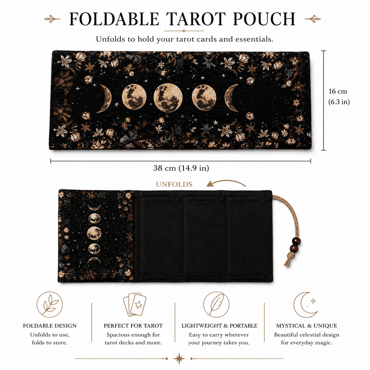 Foldable Miss Valkyrie Moon Phases Tarot Card Pouch with floral design for tarot cards and accessories