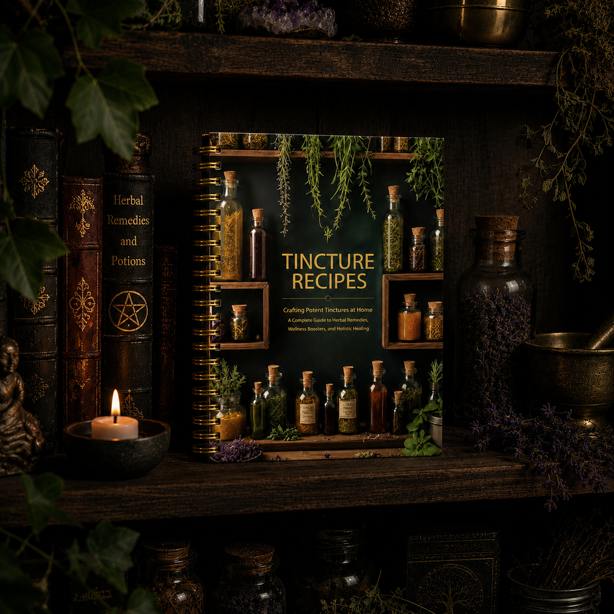 Tinture Recipe Book featuring various herbal tinctures and potion bottles on a wooden shelf