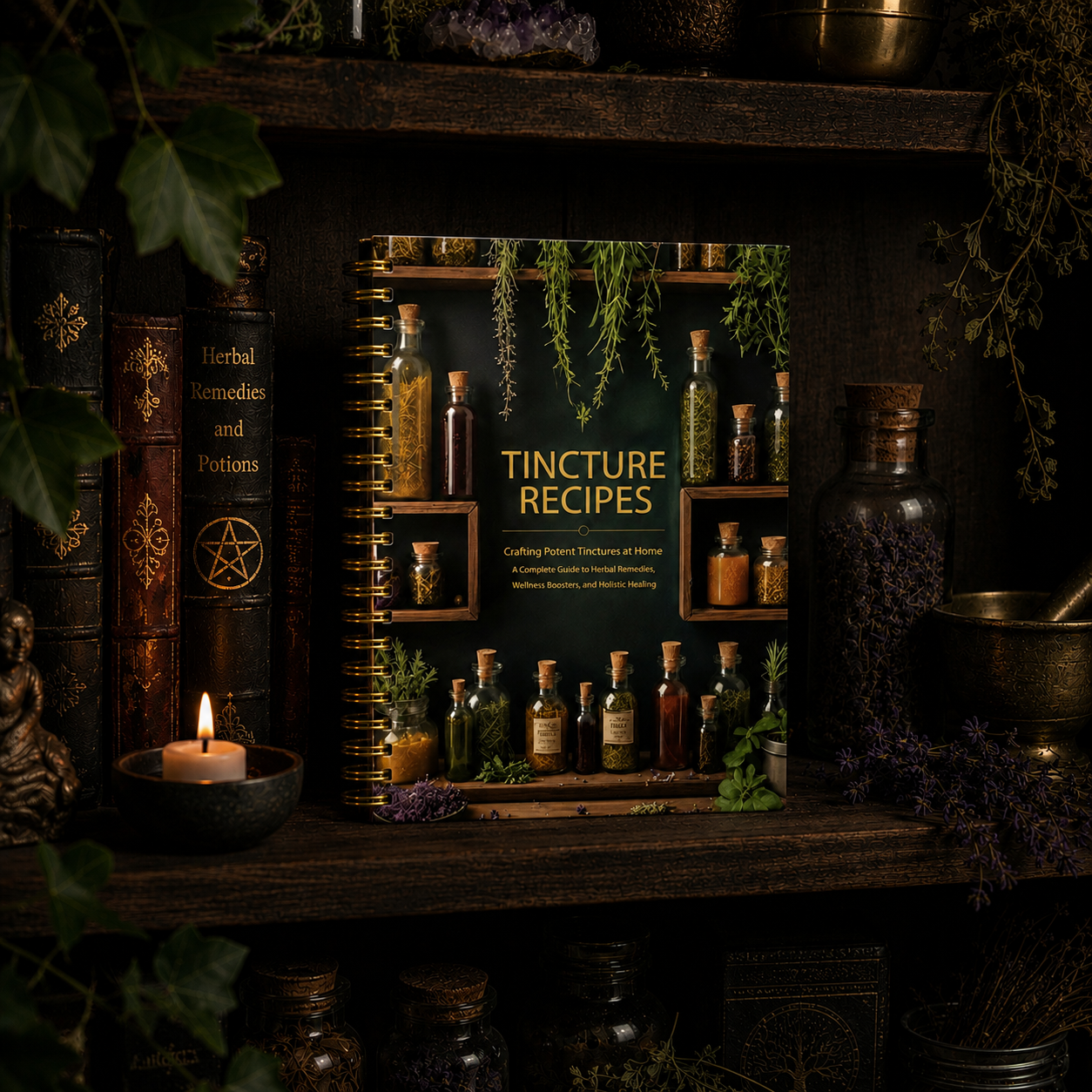 Tinture Recipe Book featuring various herbal tinctures and potion bottles on a wooden shelf
