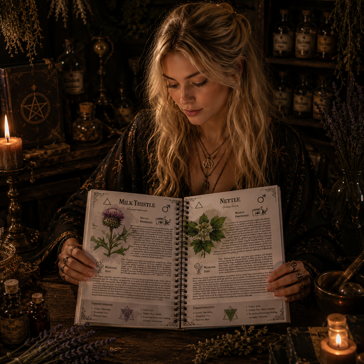Tinture Recipe Book opened to pages on Milk Thistle and Nettle in a cozy herbal setting