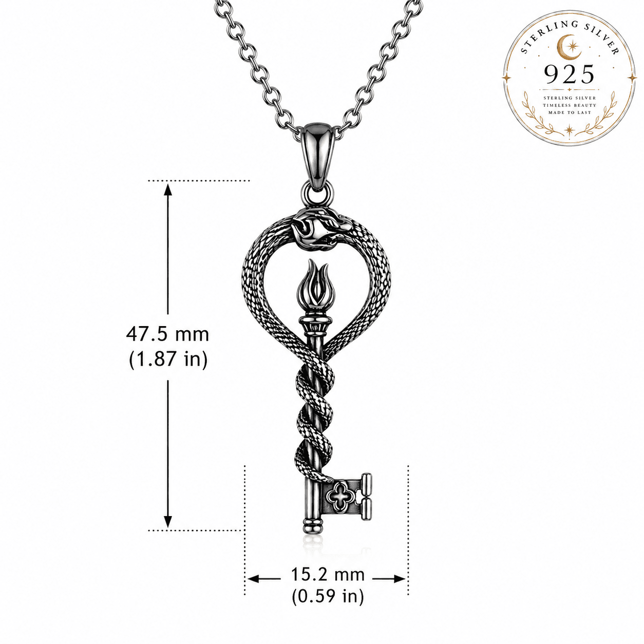 Hekate Key Necklace in Sterling Silver with Intricate Snake and Heart Design