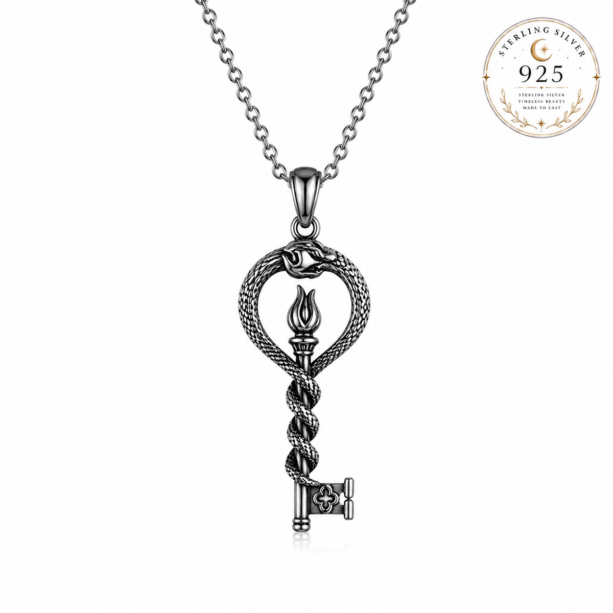 Torch Hekate Key Necklace in Sterling Silver with Intricate Snake Design and 925 Marking