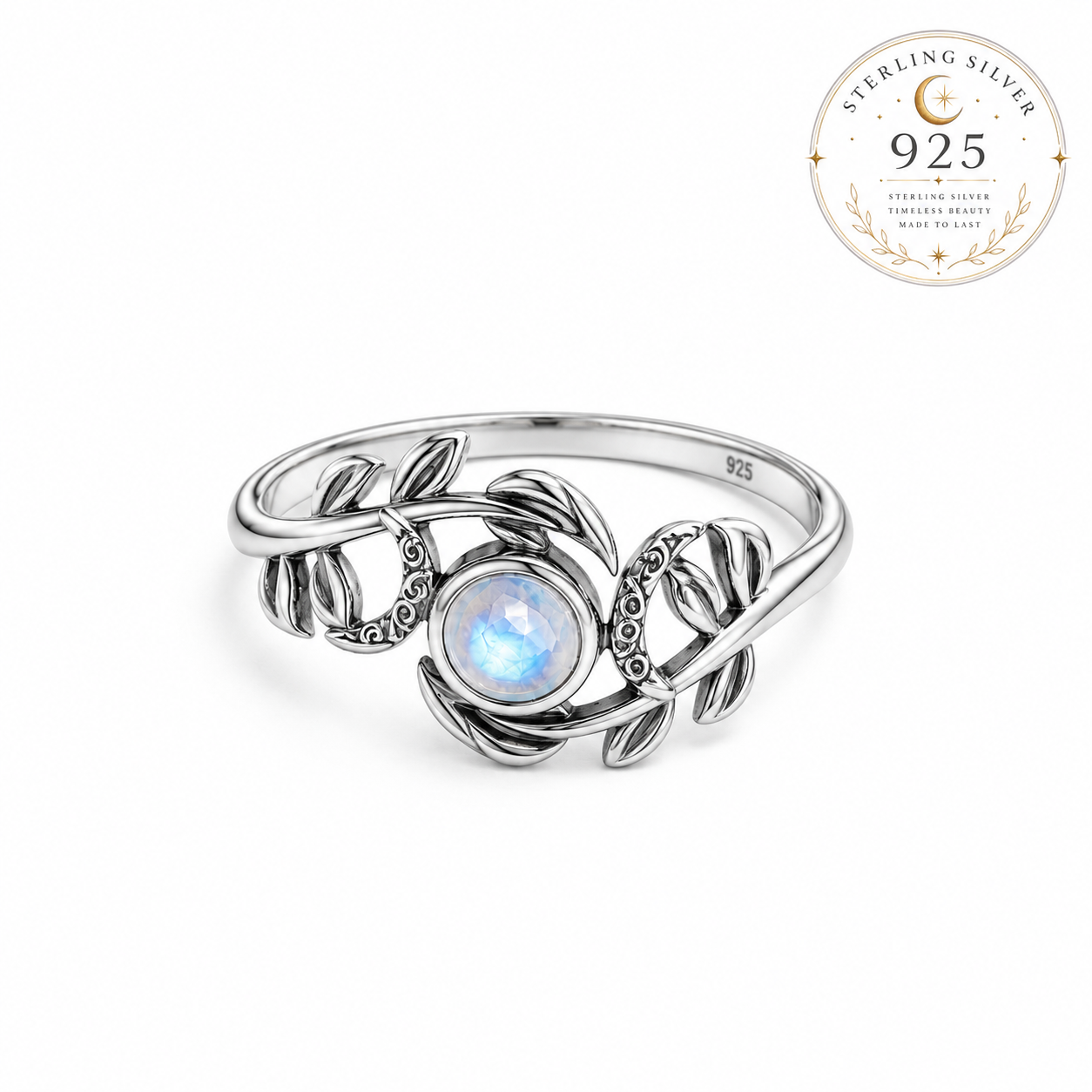 Miss Valkyrie Triple Moon Ring in Sterling Silver with an Iridescent Center Stone and Leaf Design