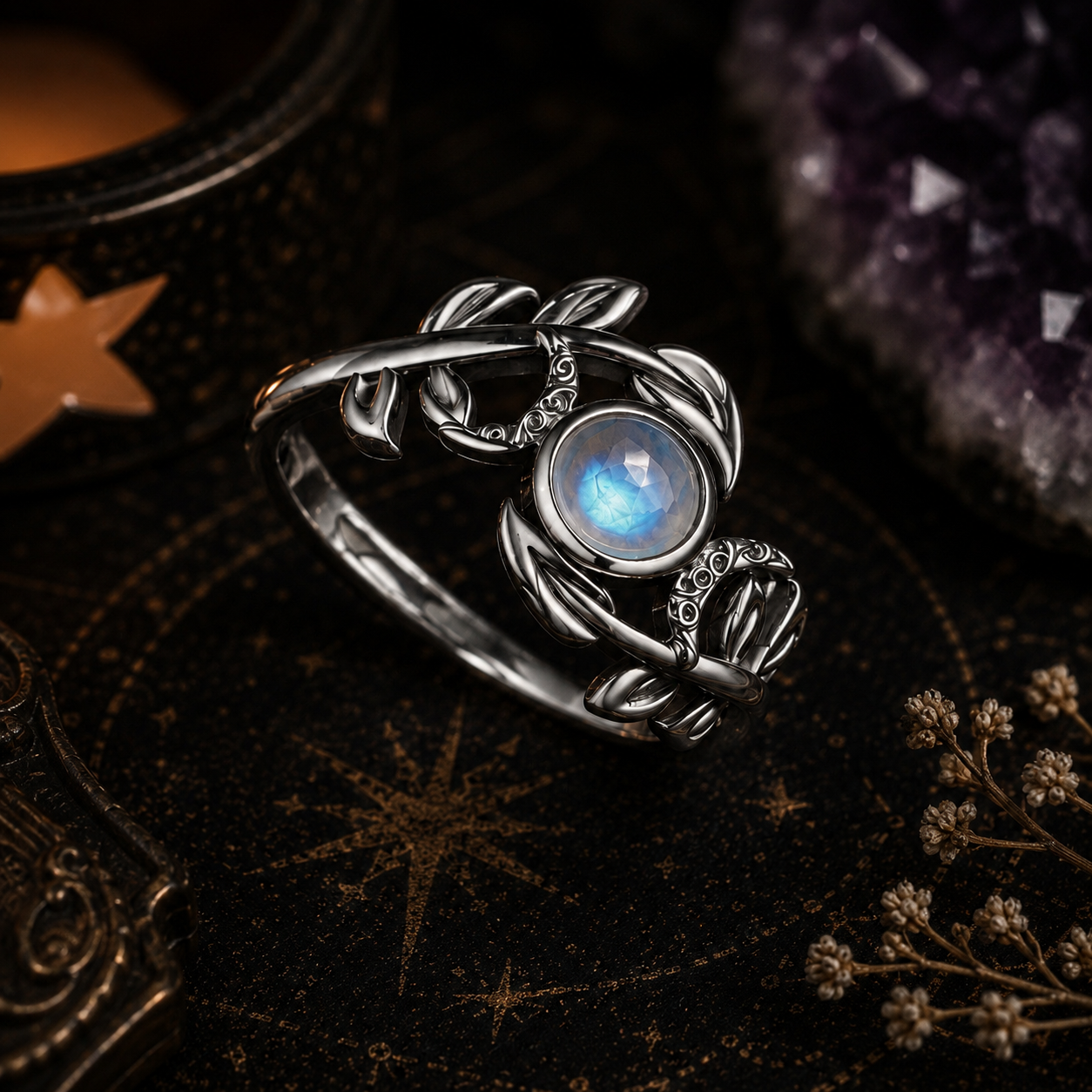 Silver Miss Valkyrie triple moon ring with intricate vines and a glowing moonstone center