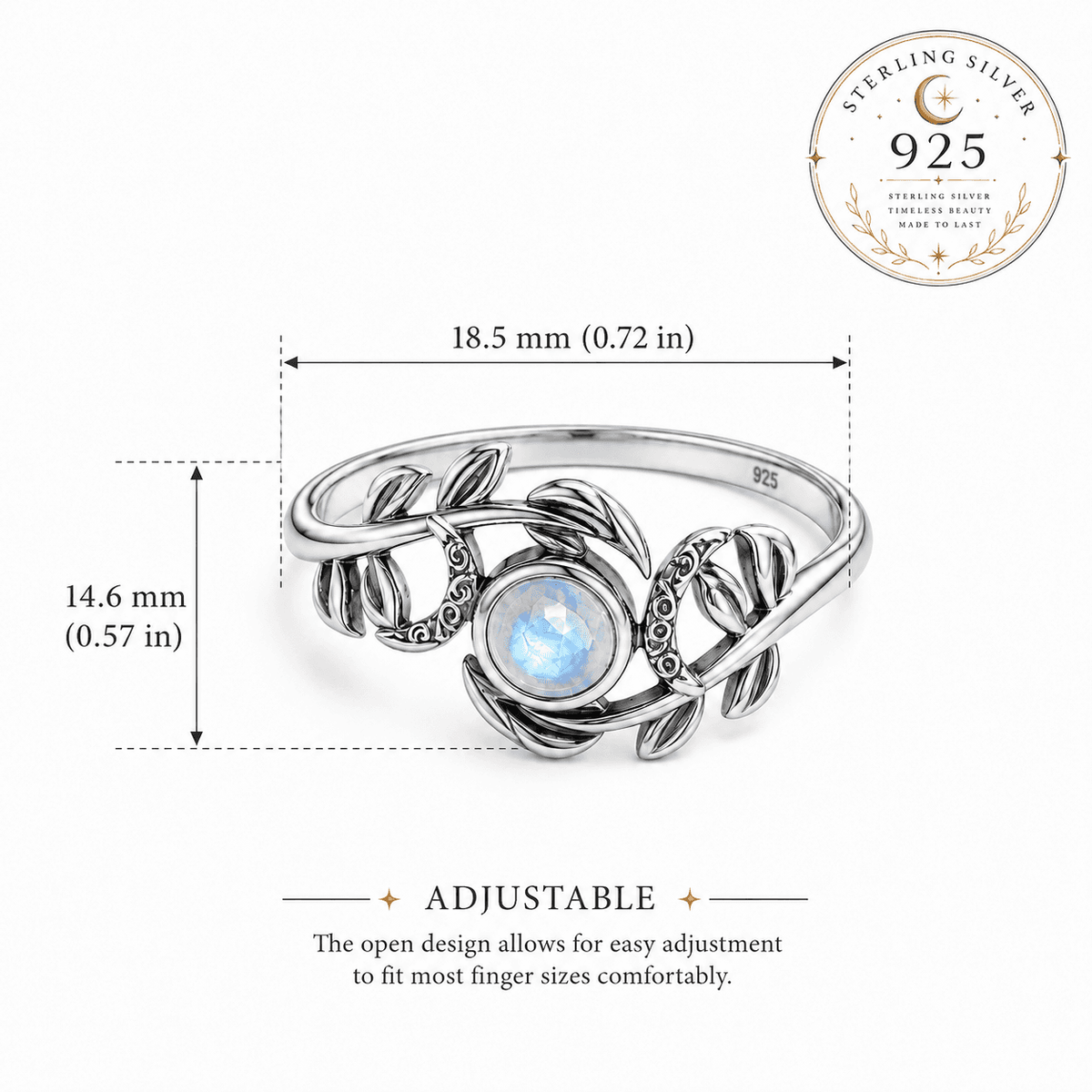 Adjustable Sterling Silver Triple Moon Ring featuring a Moonstone Center Gemstone