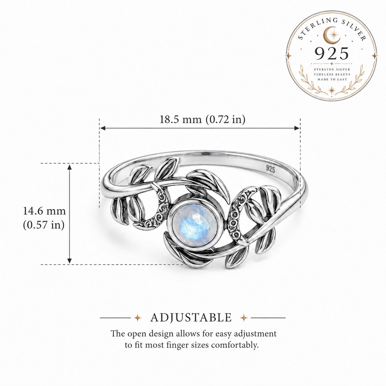 Adjustable Sterling Silver Triple Moon Ring featuring a Moonstone Center Gemstone