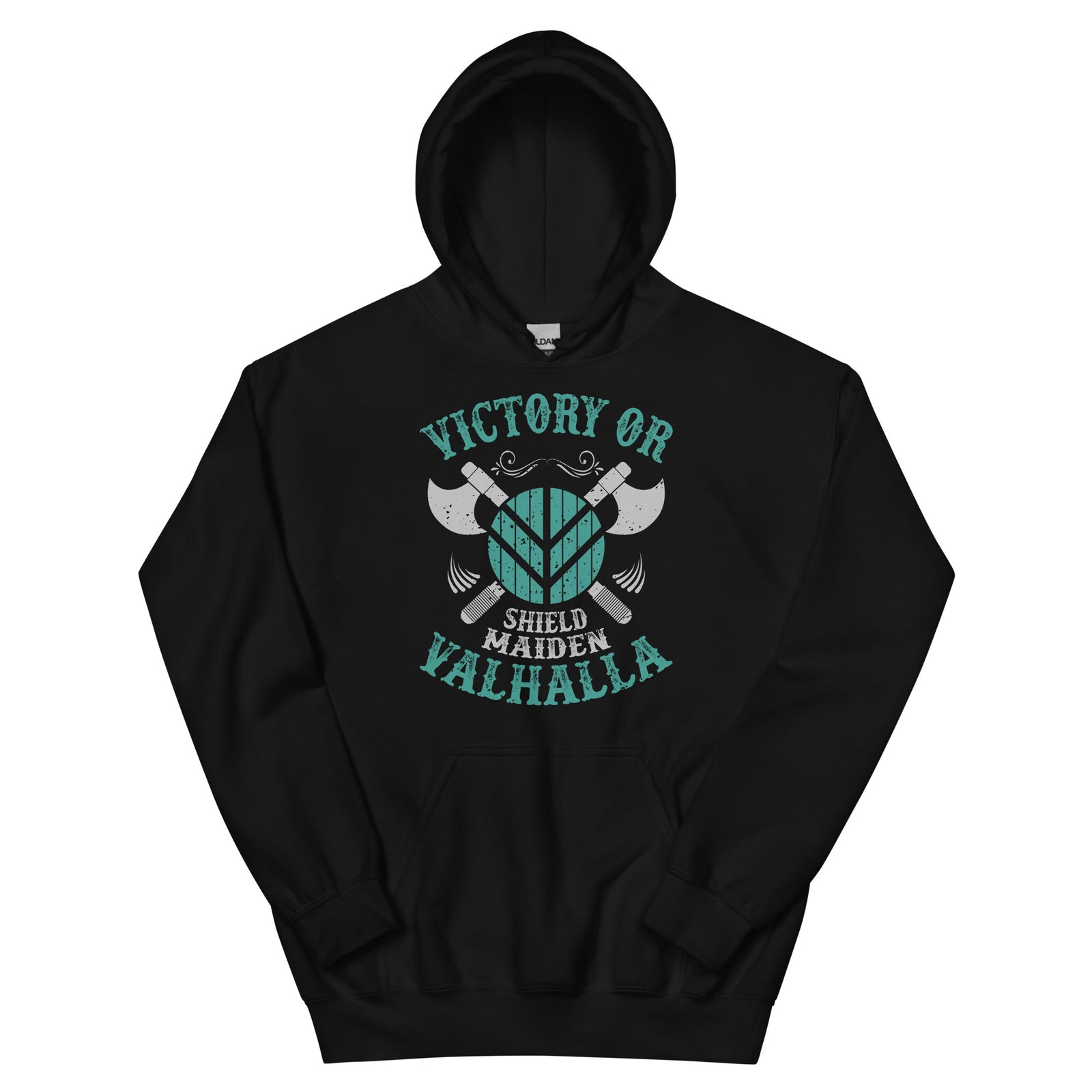 Black Victory or valhalla hoodie with shield maiden and crossed axes graphic design