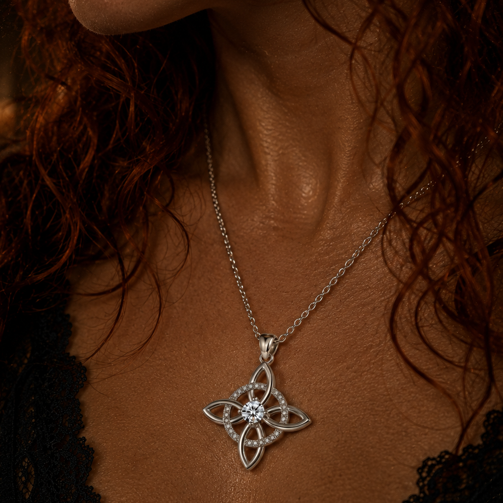 Elegant Miss Valkyrie witch knot necklace in silver design with a central gem for mystical style