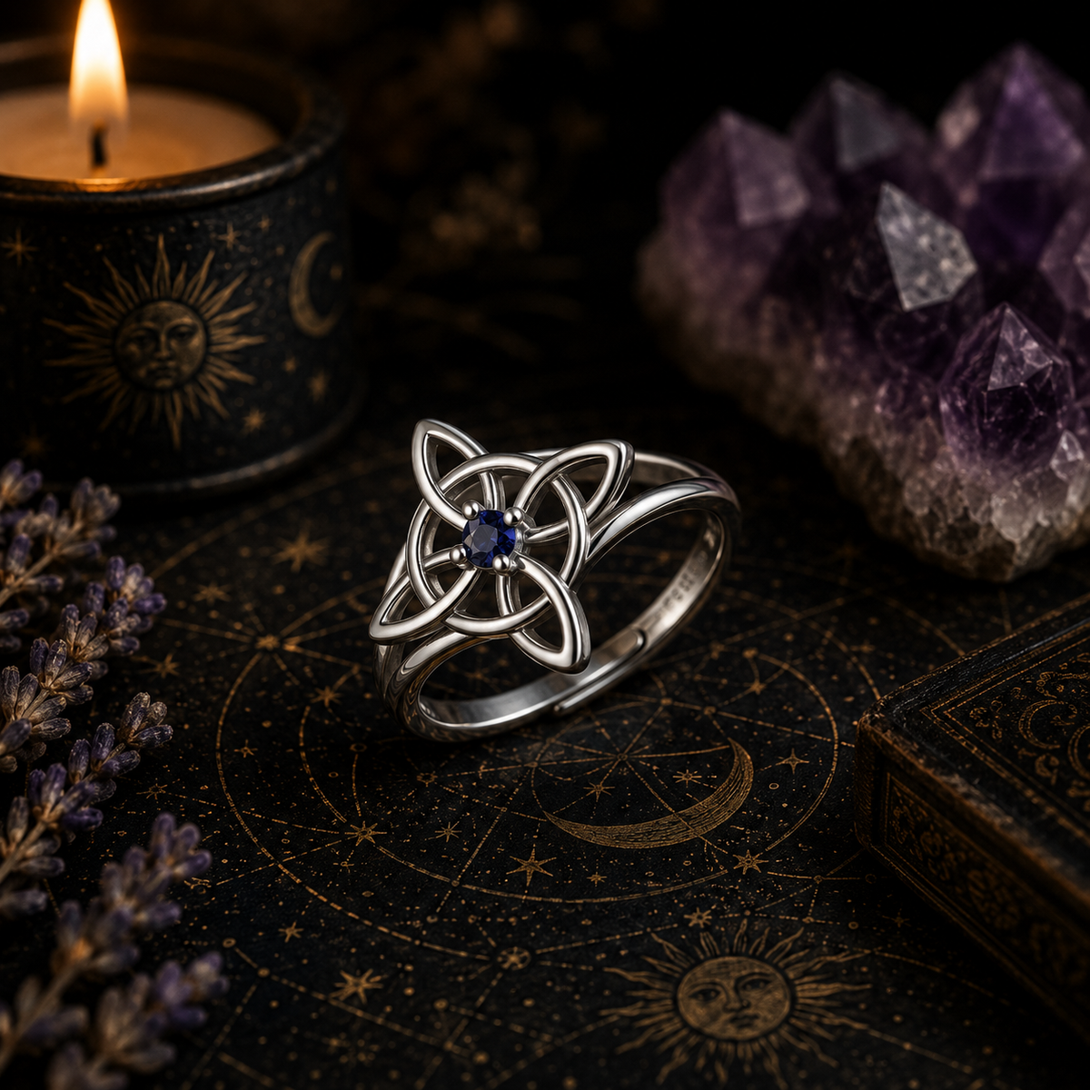 Miss Valkyrie Witch Knot Ring in Silver with a Blue Gemstone, Set Against a Mystic Background