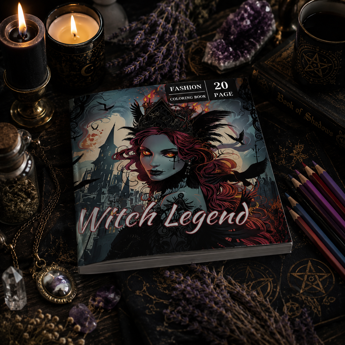 Witch Legend – Adult Colouring Book for Wicca &amp; Mystical Art Lovers with intricate designs on a decorative table