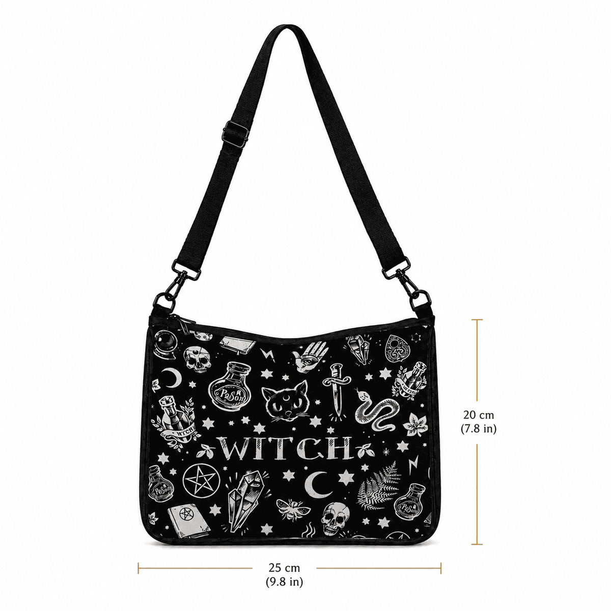 Miss Valkyrie Black Crossbody Bag with Witch-themed Designs and Adjustable Strap