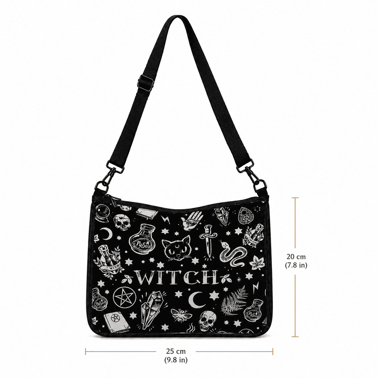Miss Valkyrie Black Crossbody Bag with Witch-themed Designs and Adjustable Strap