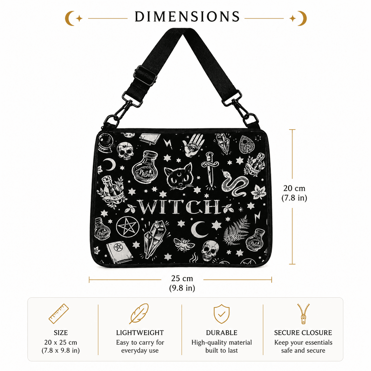 Witch's Grimoire Crossbody Bag featuring mystical symbols, lightweight design, and secure closure for everyday use